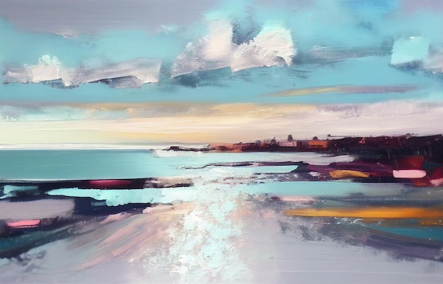 A painting of a beach with a blue sky and clouds.