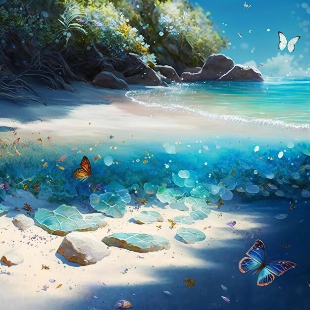 A painting of a beach with a blue sky and a few butterflies