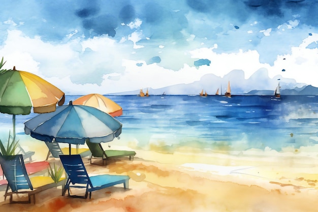 해변에 파란색 우산과 파란색 의자가 있는 해변 그림.