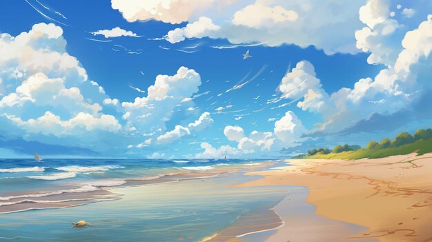 Painting of a beach with a boat and a few clouds generative ai