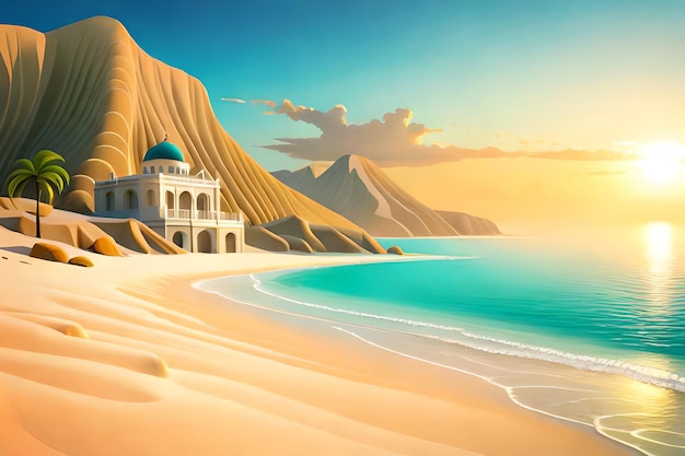 A painting of a beach with a building