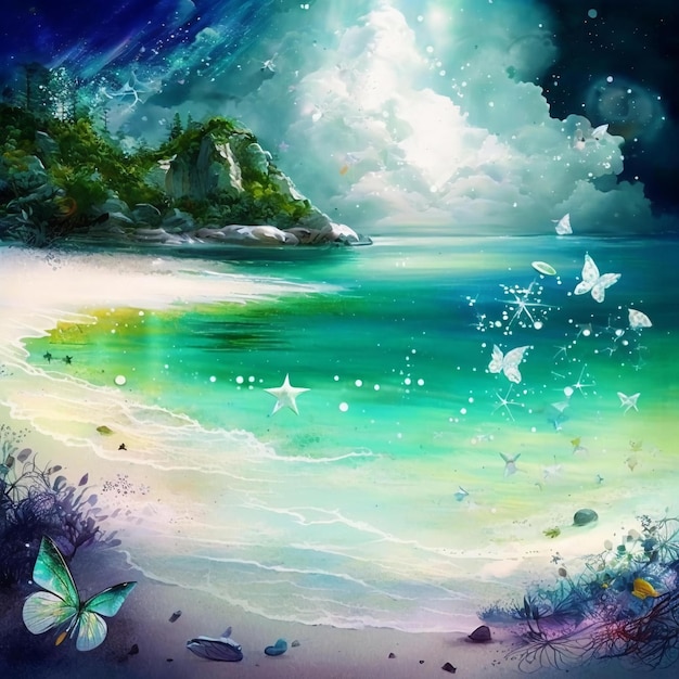 A painting of a beach with butterflies on it