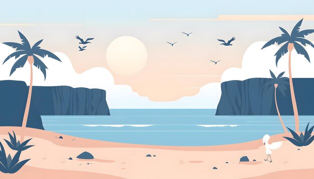 Photo a painting of a beach with cliffs and birds flying above it
