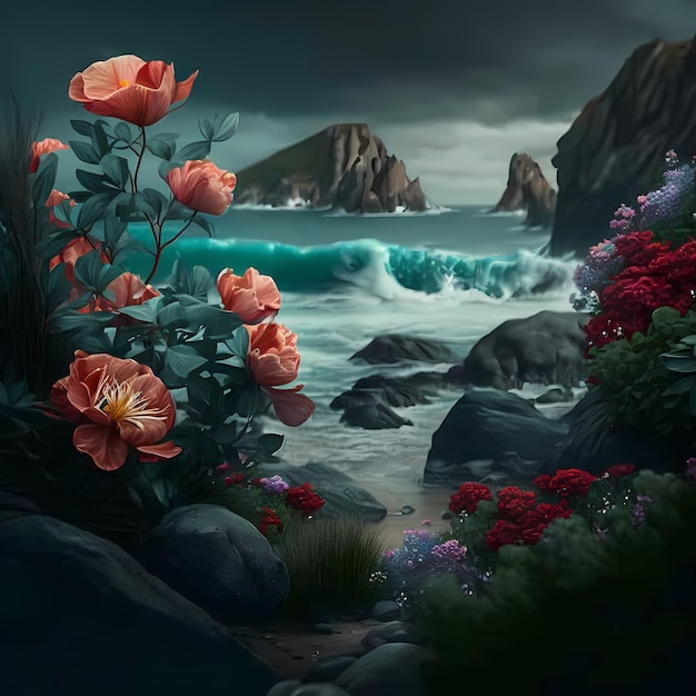 Photo a painting of a beach with flowers and a large rock in the background.