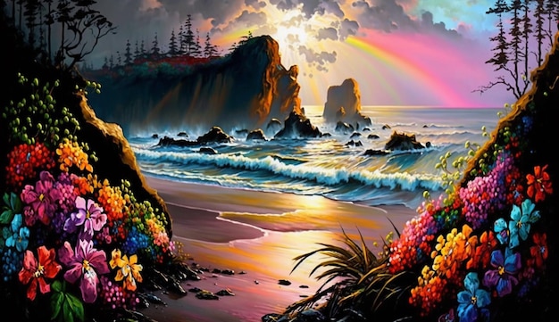 Photo a painting of a beach with flowers and rainbows