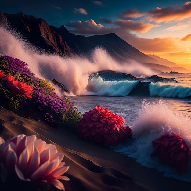 A painting of a beach with flowers and waves