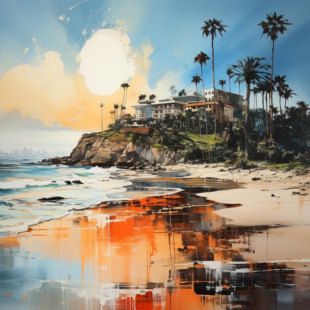 Photo painting of a beach with a house and palm trees on a cliff generative ai