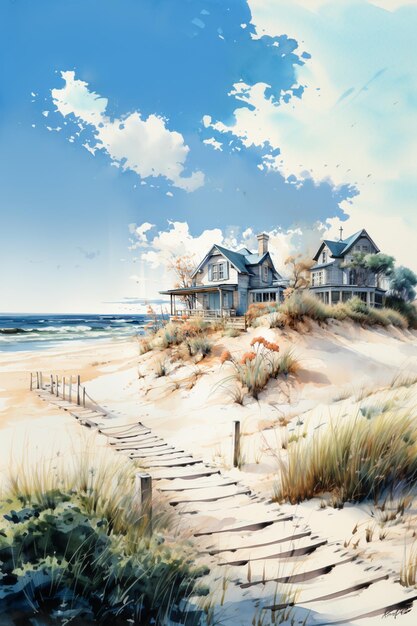 painting of a beach with a house and a path leading to the beach generative ai