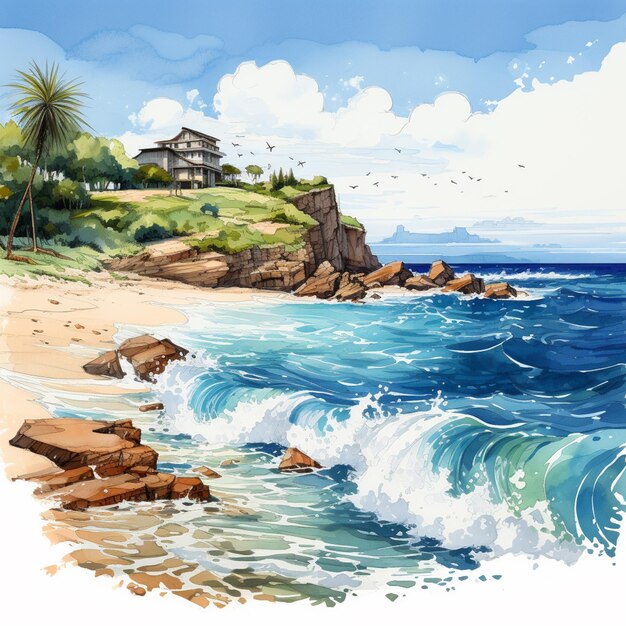 painting of a beach with a house and a wave coming in generative ai