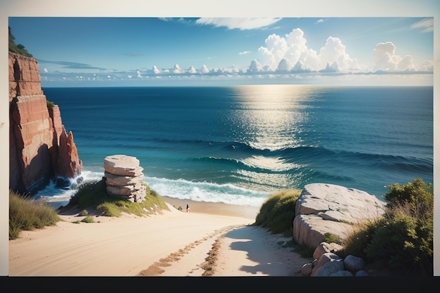 A painting of a beach with a man walking on it