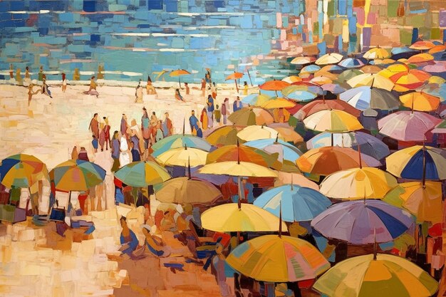 A painting of a beach with many colorful umbrellas.