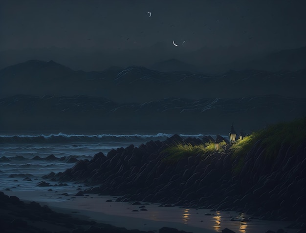 A painting of a beach with a moon and a crescent moon