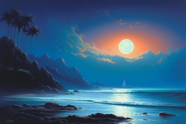 A painting of a beach with a moon in the sky