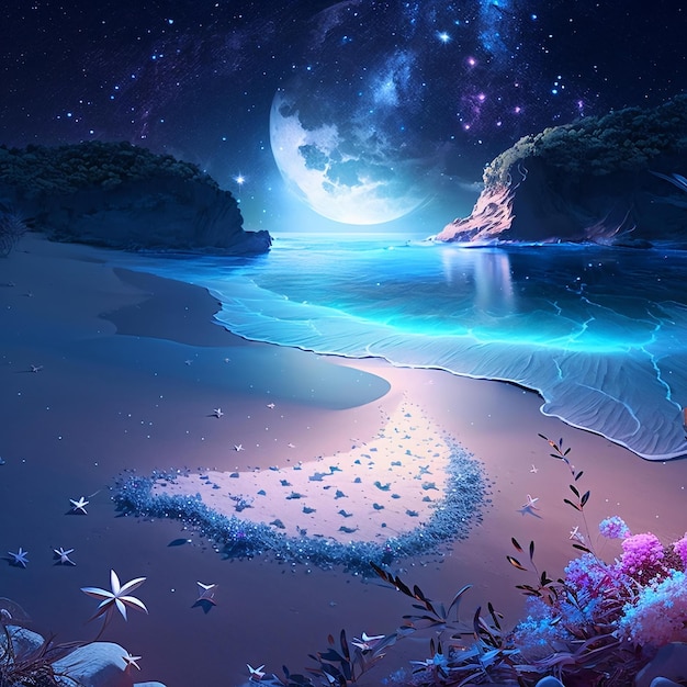 A painting of a beach with a moon and stars on it