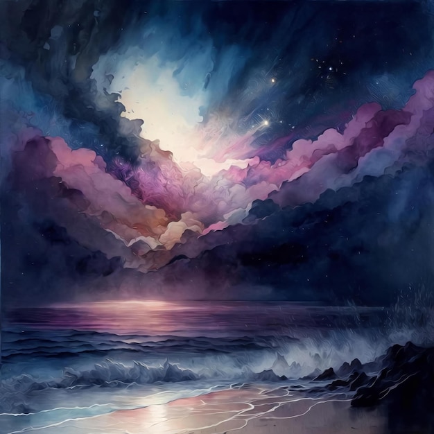 A painting of a beach with a moon and stars above it.