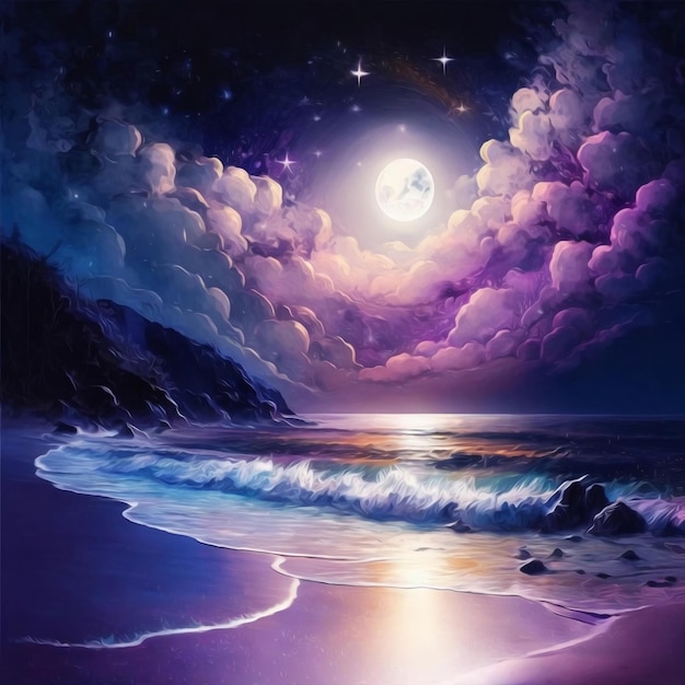 A painting of a beach with a moon and stars.