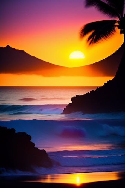 A painting of a beach with a mountain in the background.