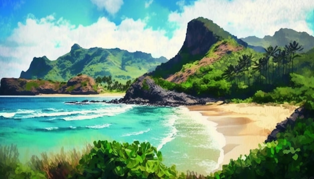 A painting of a beach with a mountain in the background.