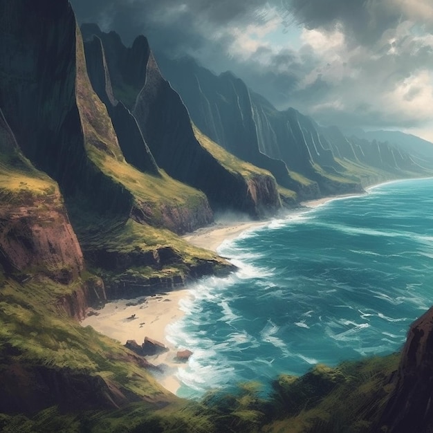 Картина пляжа с горами на заднем плане