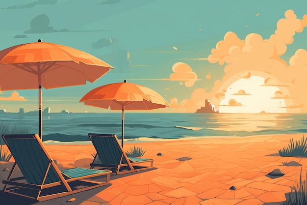 A painting of a beach with an orange umbrella and a sunset in the background.