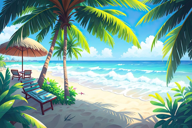 A painting of a beach with a palm tree and a beach chair.