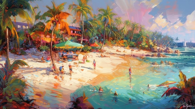 A painting of a beach with a palm tree and a beach scene.