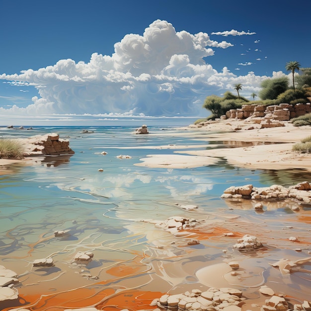 a painting of a beach with a palm tree and clouds in the background