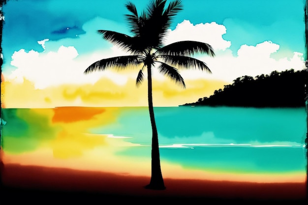 A painting of a beach with a palm tree on it