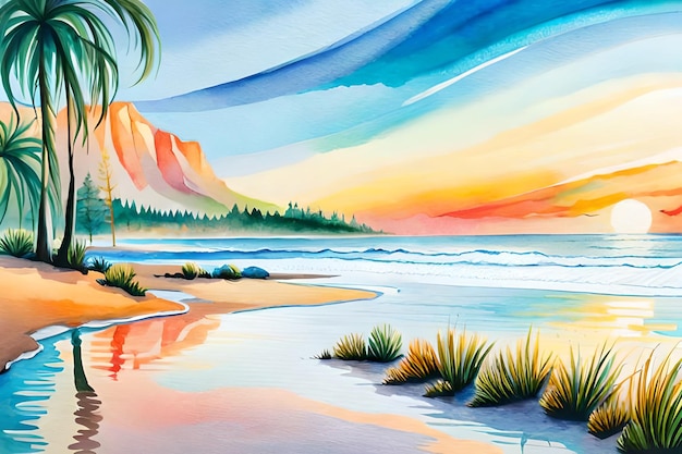 A painting of a beach with a palm tree on the shore.