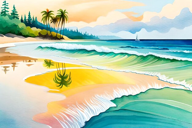A painting of a beach with a palm tree on the shore