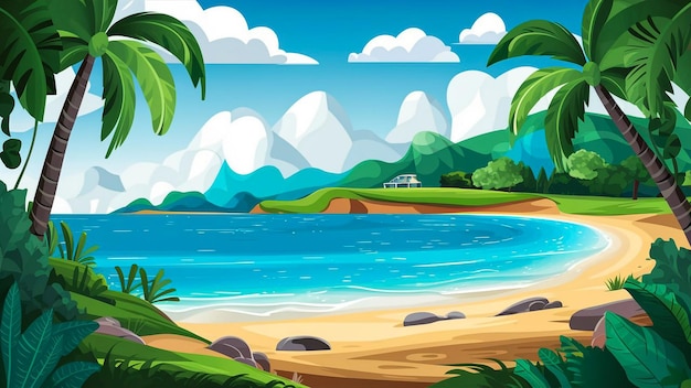 Photo a painting of a beach with palm trees and a beach with a beach house in the background