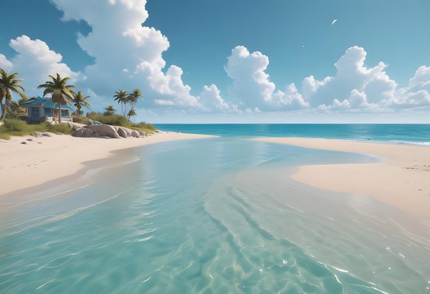 a painting of a beach with palm trees on the beach