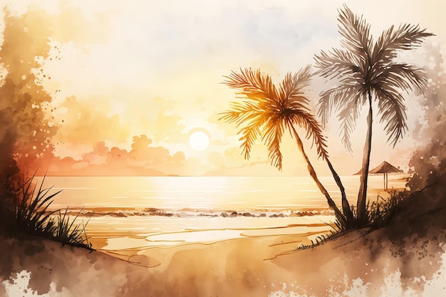 A painting of a beach with palm trees on the beach.