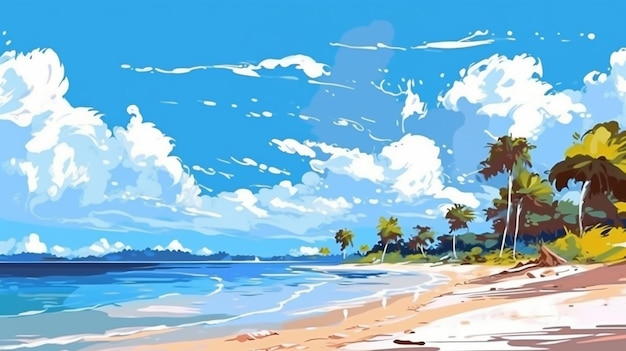 Painting of a beach with palm trees and a boat in the water generative ai