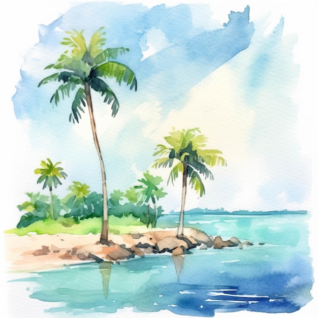 A painting of a beach with palm trees and a body of water generative ai