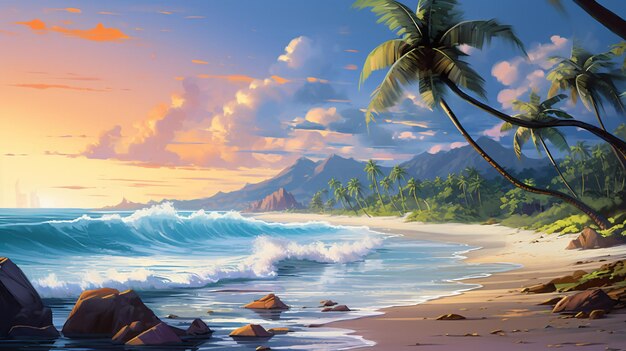 Painting of a beach with palm trees and a coconut