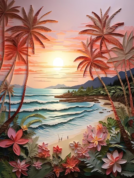 A painting of a beach with palm trees and flowers