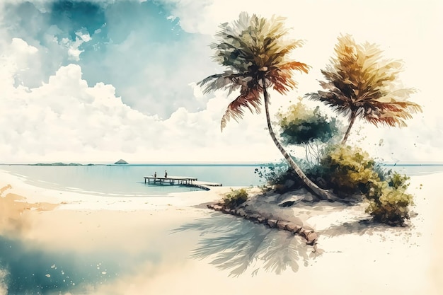 A painting of a beach with palm trees on it