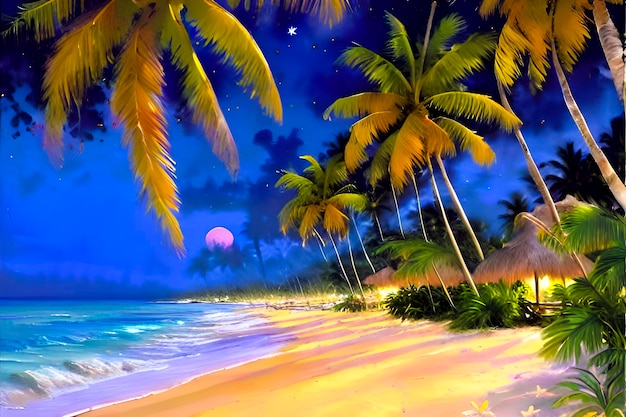 A painting of a beach with palm trees and the moon in the background