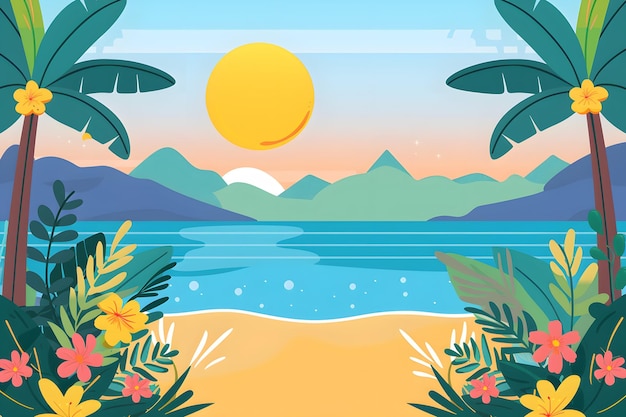 Photo a painting of a beach with palm trees and mountains in the background