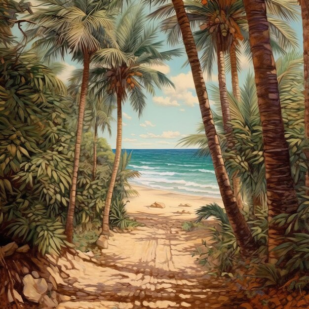 a painting of a beach with palm trees and a path leading to the ocean