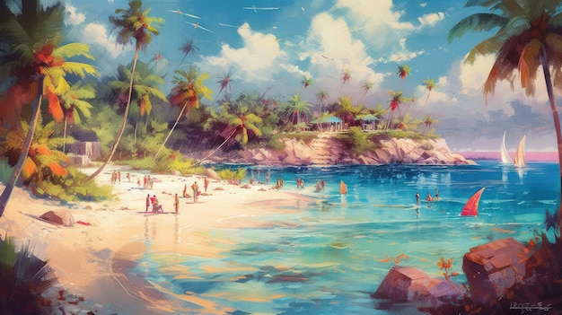 A painting of a beach with palm trees and people on it