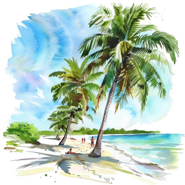 painting of a beach with palm trees and people on the sand generative ai