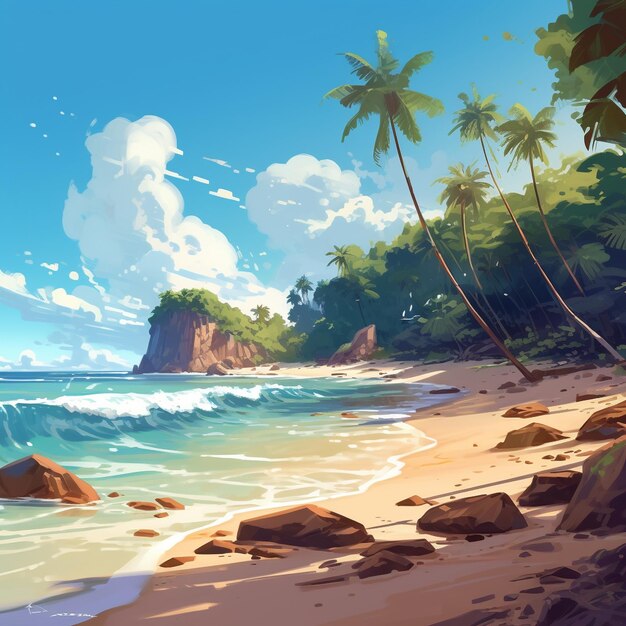 A painting of a beach with palm trees and rocks