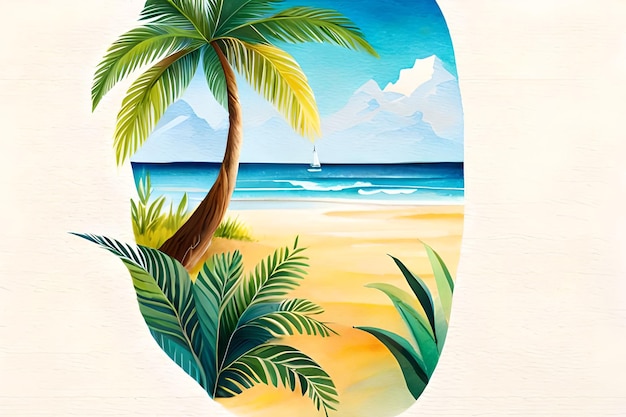 Картина пляжа с пальмами и парусником на заднем плане.