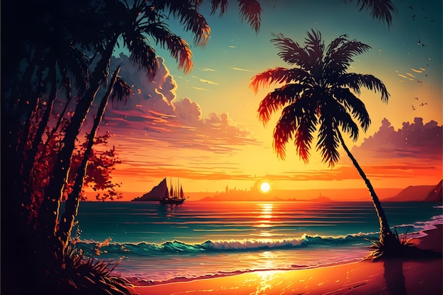 Photo a painting of a beach with palm trees and a sailboat on the horizon.