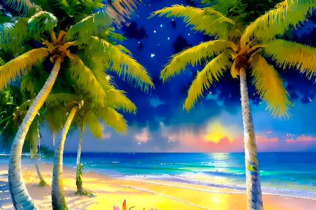 A painting of a beach with palm trees and the sky is lit up.