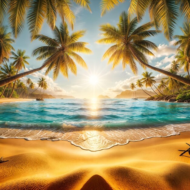 Photo a painting of a beach with palm trees and a starfish