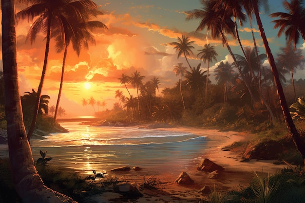 A painting of a beach with palm trees and the sun setting behind it.