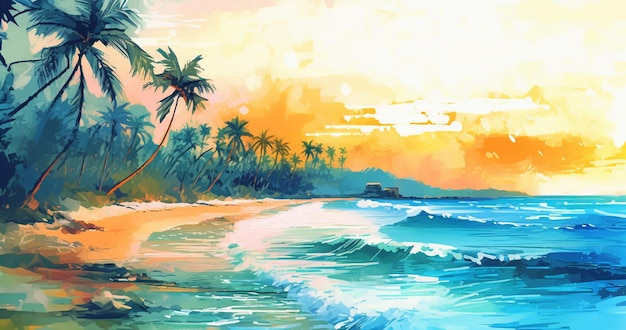 A painting of a beach with palm trees and the sun setting.